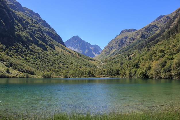 Vista de cerca de escenas del lago en las montañas, parque nacional Dombay, Cáucaso, Rusia, Europa. Clima soleado, cielo de color azul, árboles verdes lejanos. Colorido día de verano, tiempo