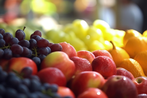 Vista de cerca de frutas frescas con espacio de copia borroso en el mercado de agricultores