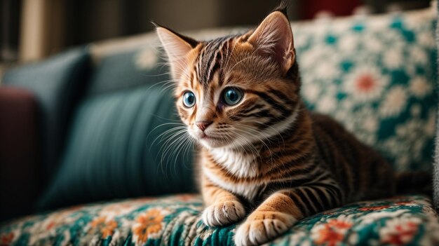 Vista de cerca de un gatito adorable en un sofá