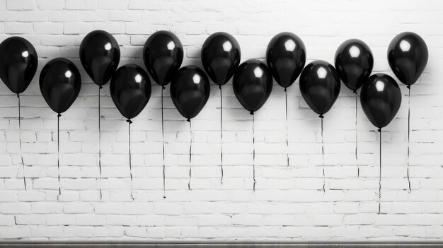 vista de cerca de globos negros brillantes en una pared de ladrillo blanco