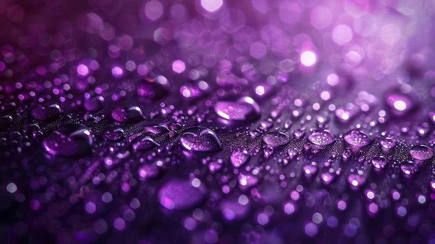 una vista de cerca de una gota de agua púrpura con un fondo vibrante y brillante