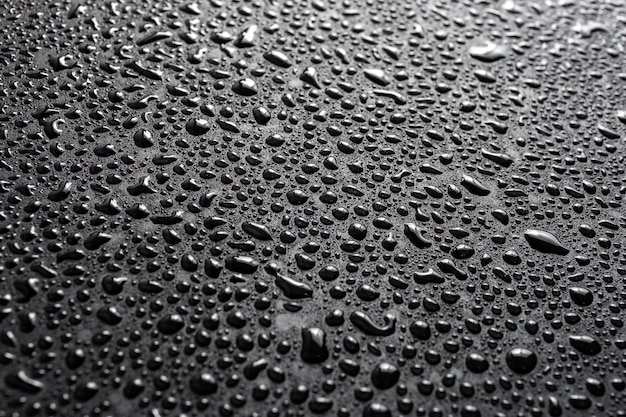 Vista de cerca de gotas de agua sobre superficie hidrofóbica negra macro sith cous selectivo y fondo