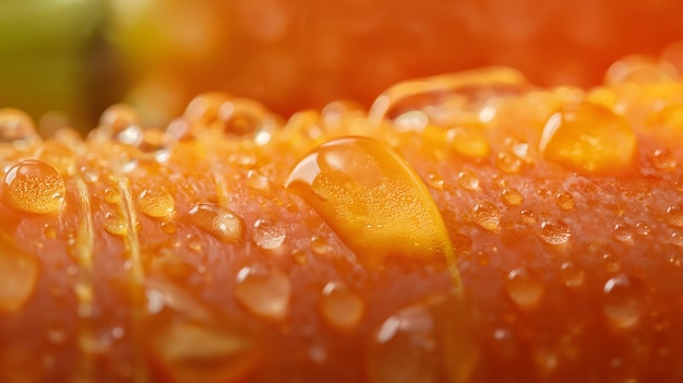 Vista de cerca de las gotas de agua en una superficie naranja vibrante