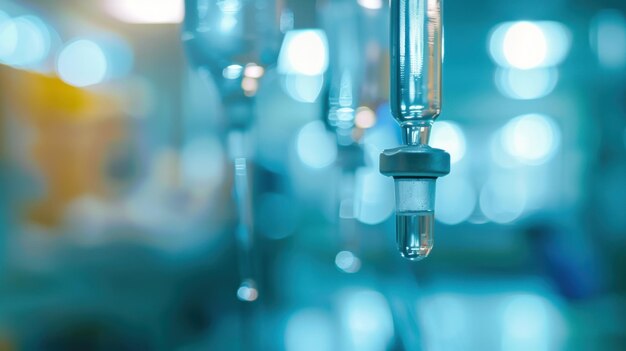 Vista de cerca de un goteo intravenoso en un entorno hospitalario con fondo borroso