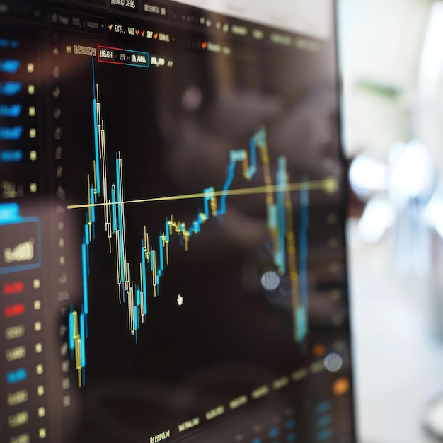 Una vista de cerca de un gráfico financiero ascendente en un monitor azul brillante capturado en una sala de negociación moderna aar 64 Job ID 41fe2b032b0e4dec84013d4514282faa