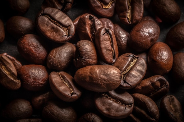 Vista de cerca del grano de café tostado oscuro