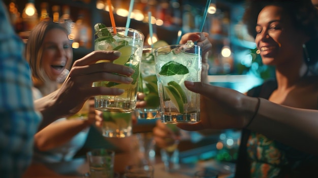 Foto vista de cerca de un grupo de amigos animando a las bebidas mojito en la barra del restaurante