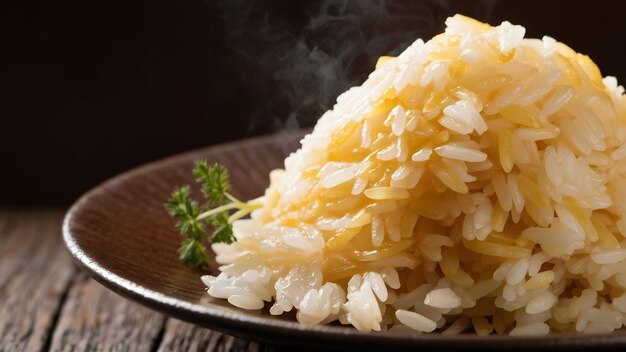 Vista de cerca de la harina de arroz al vapor en un plato marrón en la oscuridad