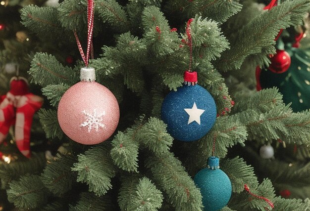 Vista de cerca de la hermosa bola roja sobre el fondo del árbol de Navidad con muchas luces borrosas