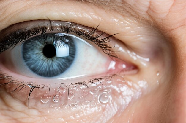 Vista de cerca hermoso ojo azul arrugado detalle macro visión humana vista pestañas globo ocular óptico