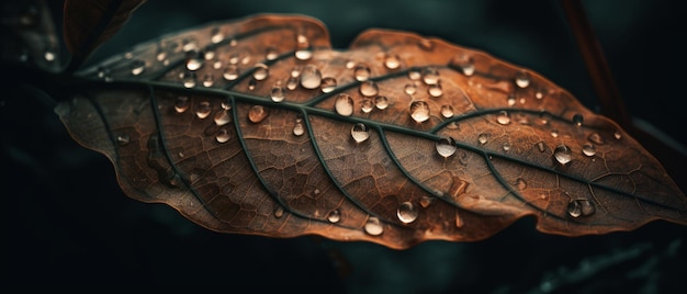 Vista de cerca de una hoja con gotas de agua en su superficie y venas visibles IA generativa