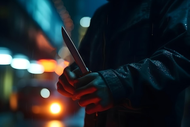 Vista de cerca de un hombre con un cuchillo en la mano en un callejón oscuro Red neuronal generada en mayo de 2023