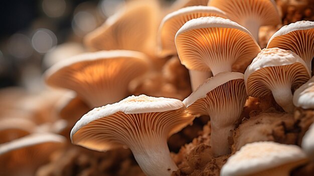 Foto vista de cerca de los hongos ostra con branquias detalladas en un entorno natural