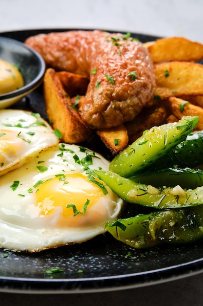 Vista de cerca de huevos fritos con salchicha, rodajas de patata y pepino encurtido