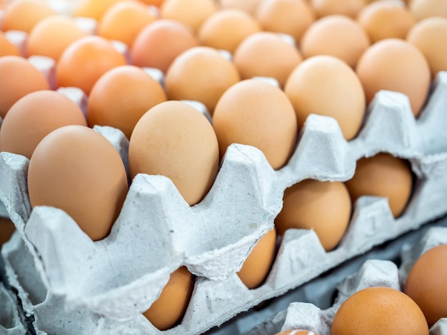 Vista de cerca de huevos de pollo crudos en caja de huevos