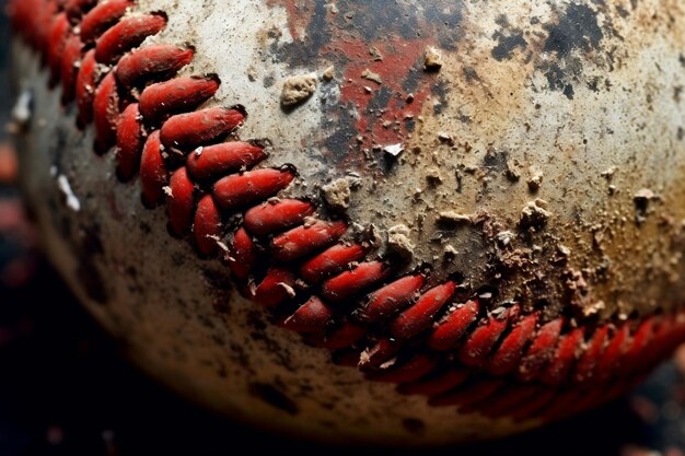 Vista de cerca de una IA generada por béisbol cubierta de mugre