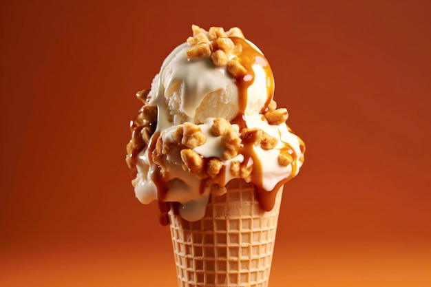 Una vista de cerca de un impresionante cono de helado de palomitas de maíz caramelizado