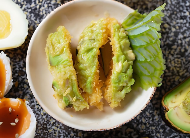 Vista de cerca de los ingredientes Avocado Tempura comida japonesa