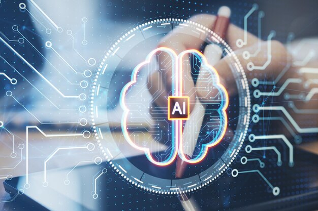 Vista de cerca y lateral de la mano masculina utilizando una almohadilla digital con lápiz y un holograma cerebral digital creativo con circuito en un fondo borroso AI y concepto de aprendizaje automático Doble exposición