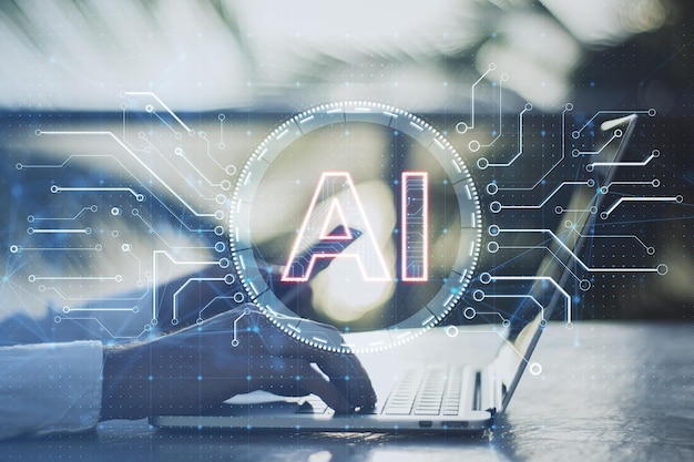 Vista de cerca y lateral de manos masculinas usando una computadora portátil con holograma cerebral digital creativo con circuito en fondo borroso Inteligencia artificial y concepto de aprendizaje automático Doble exposición