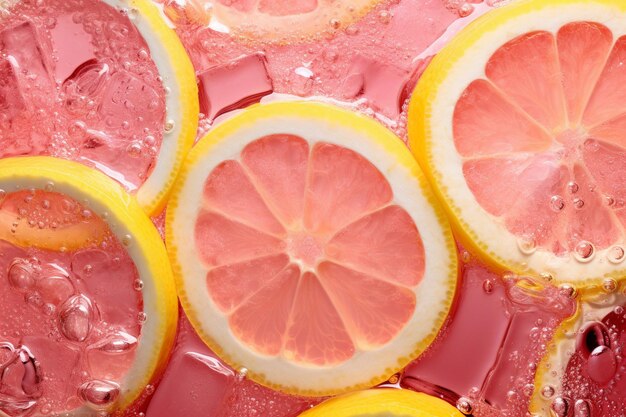 Foto vista de cerca de la limonada fría con hielo dentro del vidrio junto con limones frescos en el rosa