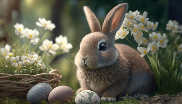 Vista de cerca de un lindo conejito en el jardín con huevos para el festival de Pascua