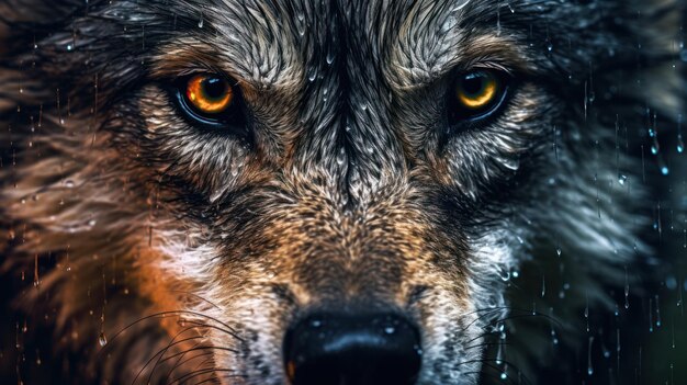 una vista de cerca lobo con el fondo de gotas de lluvia