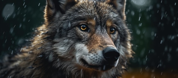 una vista de cerca lobo con el fondo de gotas de lluvia