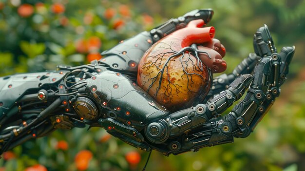 Vista de cerca de la mano robot con corazón humano hecho de metal