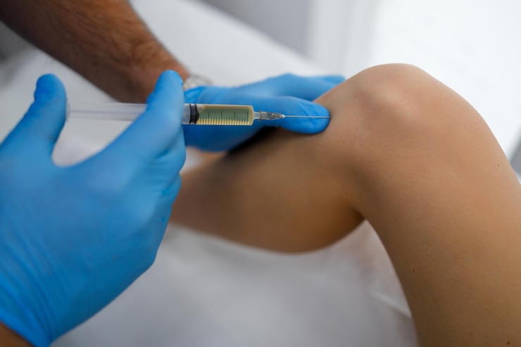 Foto vista de cerca de las manos del médico ortopédico hacen inyección de plasma en la rodilla