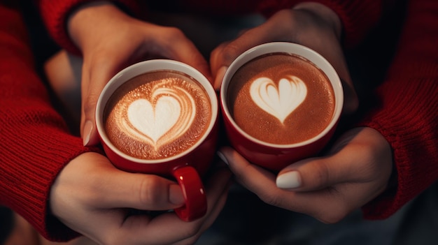 Vista de cerca de las manos de una pareja bebiendo café de San Valentín generada por IA