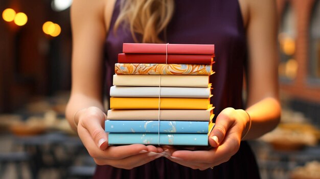 Foto vista de cerca de manos que sostienen una pila de libros de portada de color y ladrillos blancos en el fondo