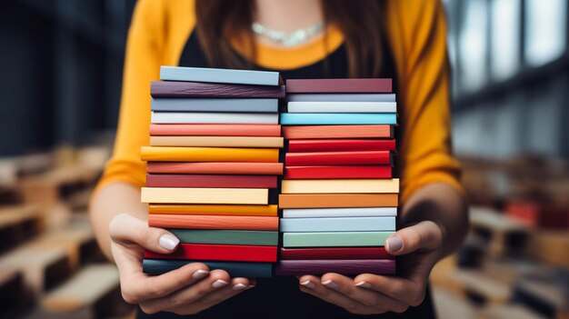 Vista de cerca de manos que sostienen una pila de libros de portada de color y ladrillos blancos en el fondo