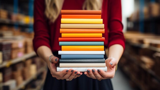 Foto vista de cerca de manos que sostienen una pila de libros de portada de color y ladrillos blancos en el fondo