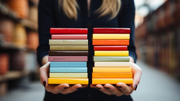 Foto vista de cerca de manos que sostienen una pila de libros de portada de color y ladrillos blancos en el fondo