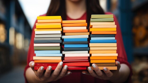 Foto vista de cerca de manos que sostienen una pila de libros de portada de color y ladrillos blancos en el fondo