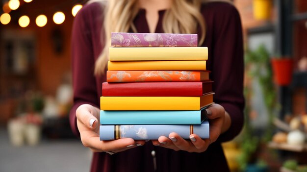 Foto vista de cerca de manos que sostienen una pila de libros de portada de color y ladrillos blancos en el fondo