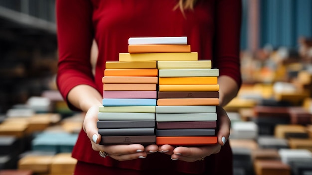 Foto vista de cerca de manos que sostienen una pila de libros de portada de color y ladrillos blancos en el fondo