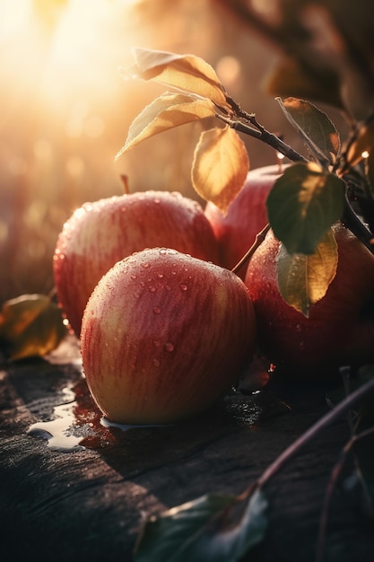 Vista de cerca de manzanas rojas maduras en el suelo en un huerto