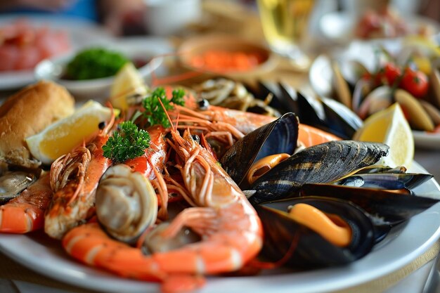 Foto vista de cerca de los mariscos en el plato