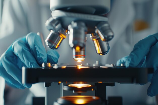 Vista de cerca de un microscopio con una muestra utilizada por un científico con guantes en un laboratorio