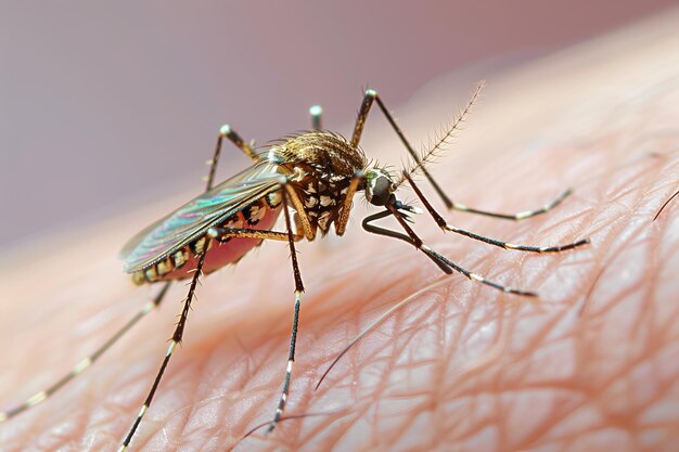 Vista de cerca de un mosquito que pica la piel humana