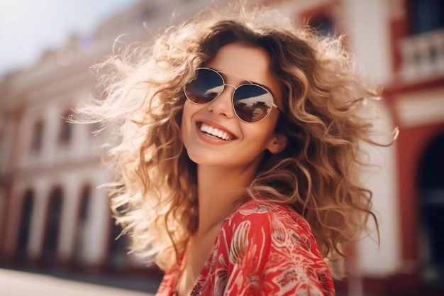 Vista de cerca de una mujer caucásica feliz con gafas de sol en la calle enfocada en una rubia con s