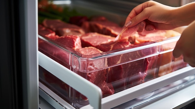 Vista de cerca de una mujer poniendo carne cruda en el refrigerador