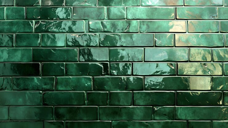 Una vista de cerca de un muro construido con azulejos de ladrillo verde