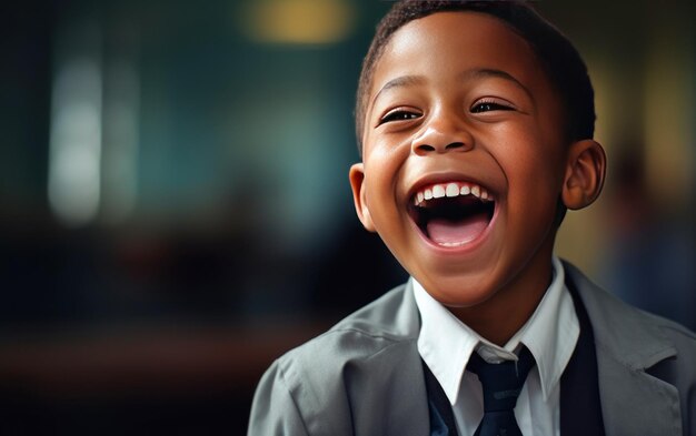 Vista de cerca del niño de la escuela riendo en voz alta