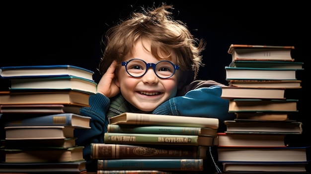 Vista de cerca de un niño con orgullo sosteniendo una pila de libros