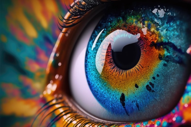Vista de cerca del ojo femenino con globo ocular multicolor y polvo de maquillaje colorido