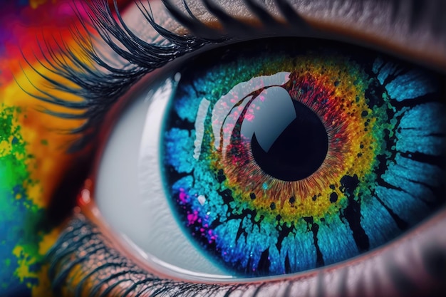 Vista de cerca del ojo femenino con globo ocular multicolor y polvo de maquillaje colorido