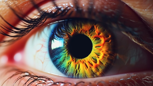 Vista de cerca del ojo humano con iris colorido